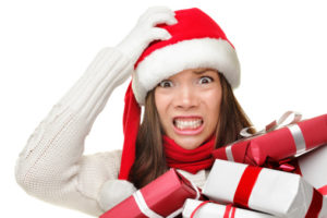A Woman is stressed with holiday gifts 